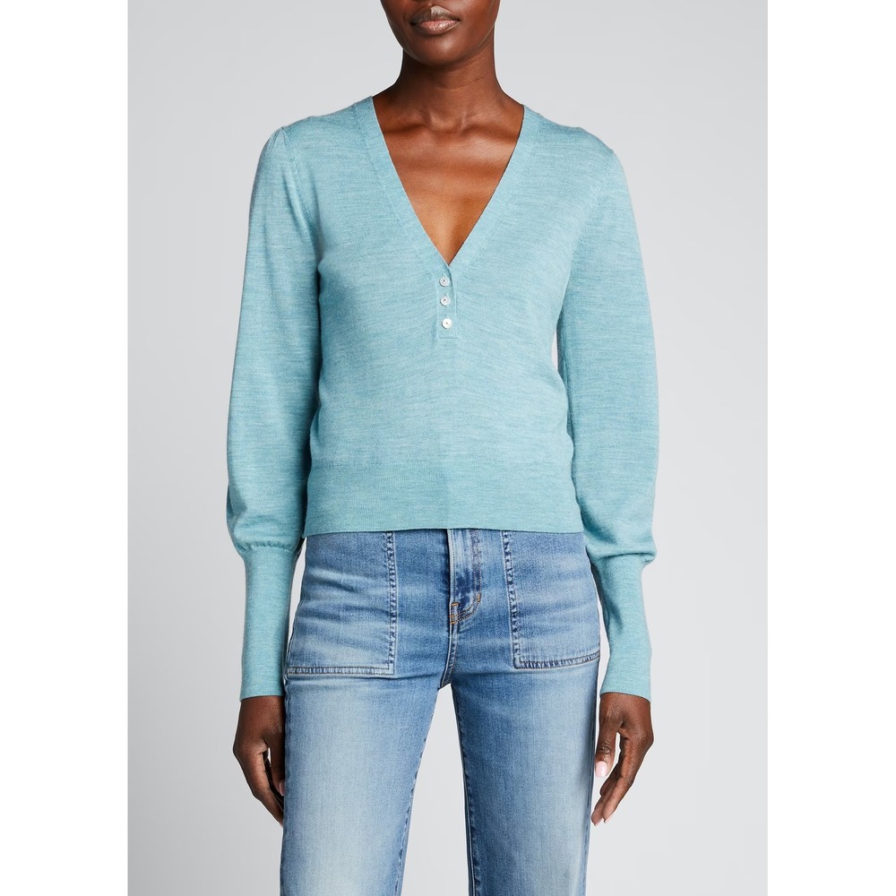 Veronica Beard Pullover Teal Blue Merino Wool Puff Shoulder